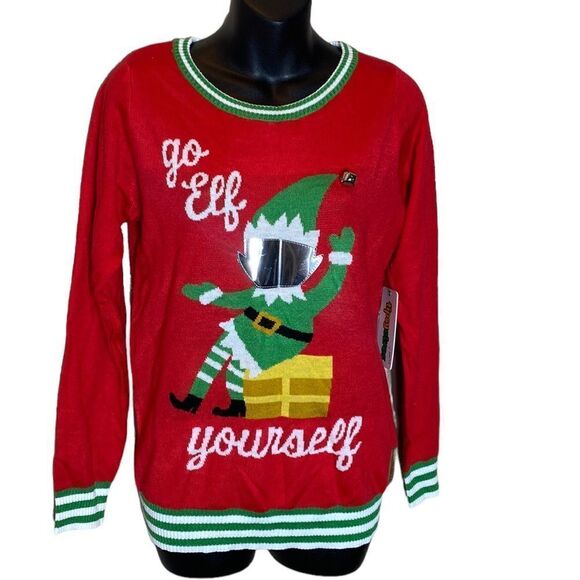Tipsy elves womens go elf yourself ugly Christmas sweater new small funny - Picture 1 of 5